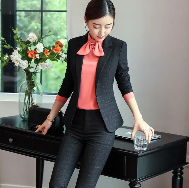 Stylish Black Blue Burgundy Plaid Pant Suits Women Office Lady Business Work Pants Blazer Set Jacket Trousers Female Clothing