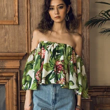 Новое поступление, повседневные футболки в богемном стиле с зеленым принтом, короткие, сексуальные, с бретелькой на шее, с коротким рукавом, с расклешенными рукавами, европейский стиль, женская футболка