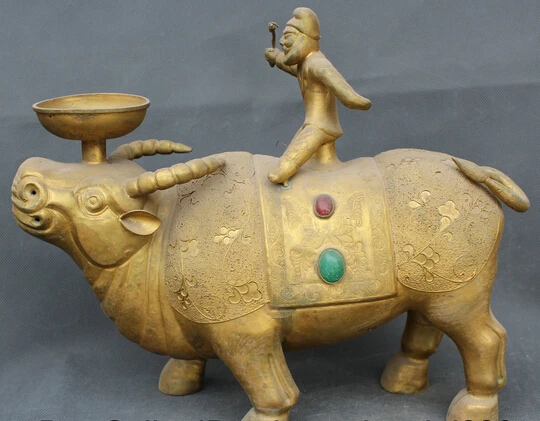 

JP S0524 13" Old Chinese Palace Copper Gild servants Man Ride Bull oil lamp candleholder