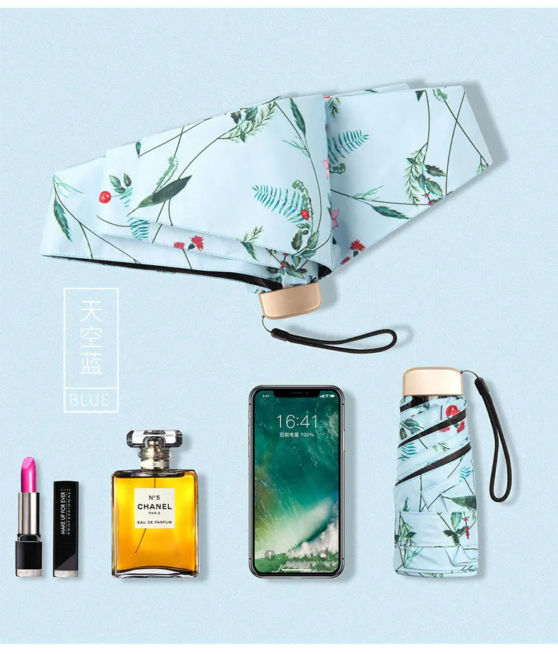 YADA Branch&Flower Light Mini Small Umbrella Rainy Five Pocket Fold Umbrella For Women Men Anti-UV Waterproof Umbrellas YD168