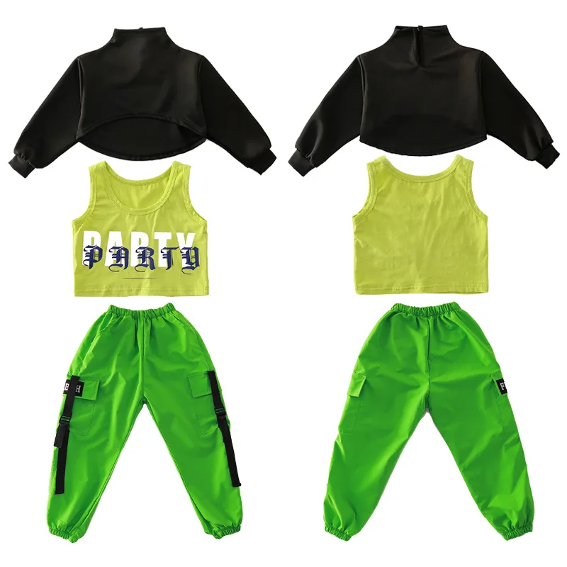 Kid Kpop Hip Hop Clothing Sweatshirt Crop Top Long Sleeve Tank Vest Streetwear Jogger Pants for Girl Jazz Dance Costume Clothes