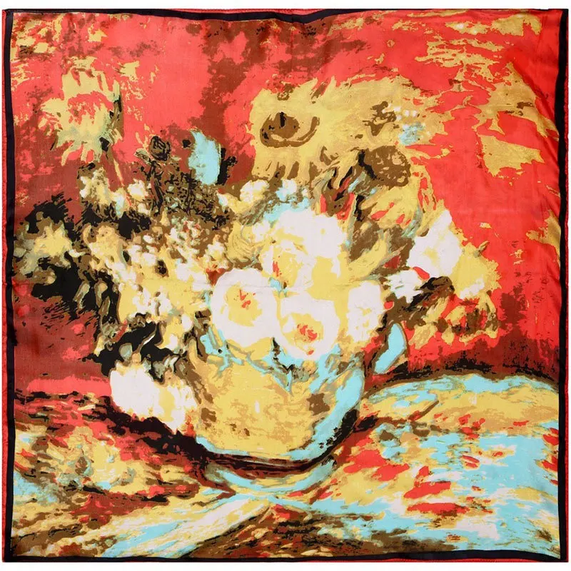 

Guarantee 100% Silk Scarf Women Scarf Flower Van Gogh Sytle Mini Square Silk Scarf 50cm Fashion 2019 Small Bandana Office Lady