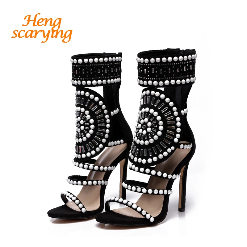 

2019 Size 42 Summer Women 10.5cm High Heels Luxury Sandals Female Fetish Gladiator Crystal Shoes Lady Scarpins Pearl Sexy Pumps