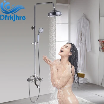 

Chrome Wall Mounted Bathroom Shower Faucet 8" Rainfall Shower Head Double Handles Bathtub Faucet