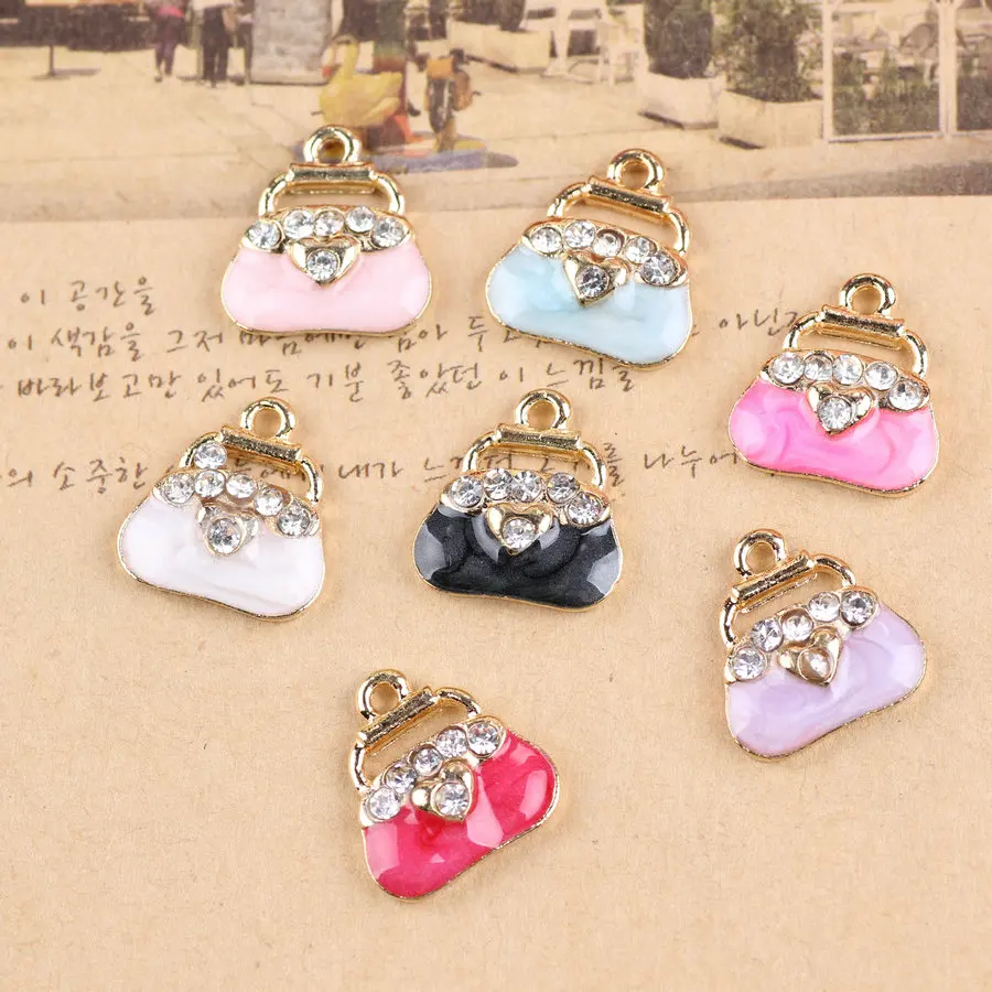 

New Arrival Mini Order 20PCS Oil Drop Crystal Rhinestones Paved Women Fashion Handbag DIY Jewelry Pendant Charms Enamel Charm