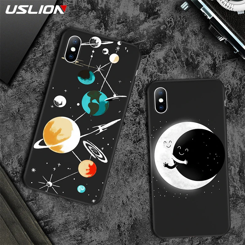

USLION Earth Moon UFO Cartoon Phone Case For iPhone 7 8 6s Plus Luxury Stars Space Galaxy Cases XS Max XR X Soft TPU Full Cover
