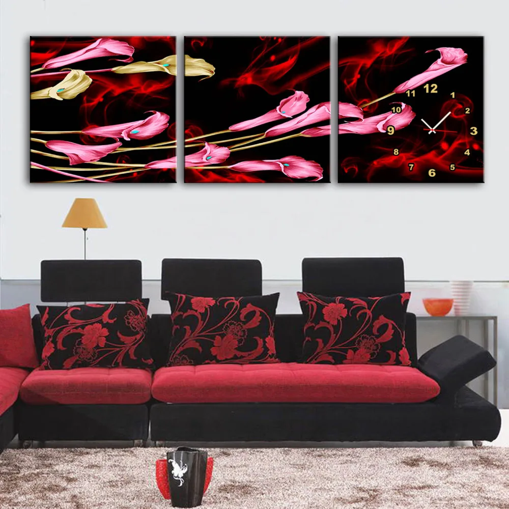 Free Shipping E HOME Pink Flowers Clock in Canvas 3pcs wall clock