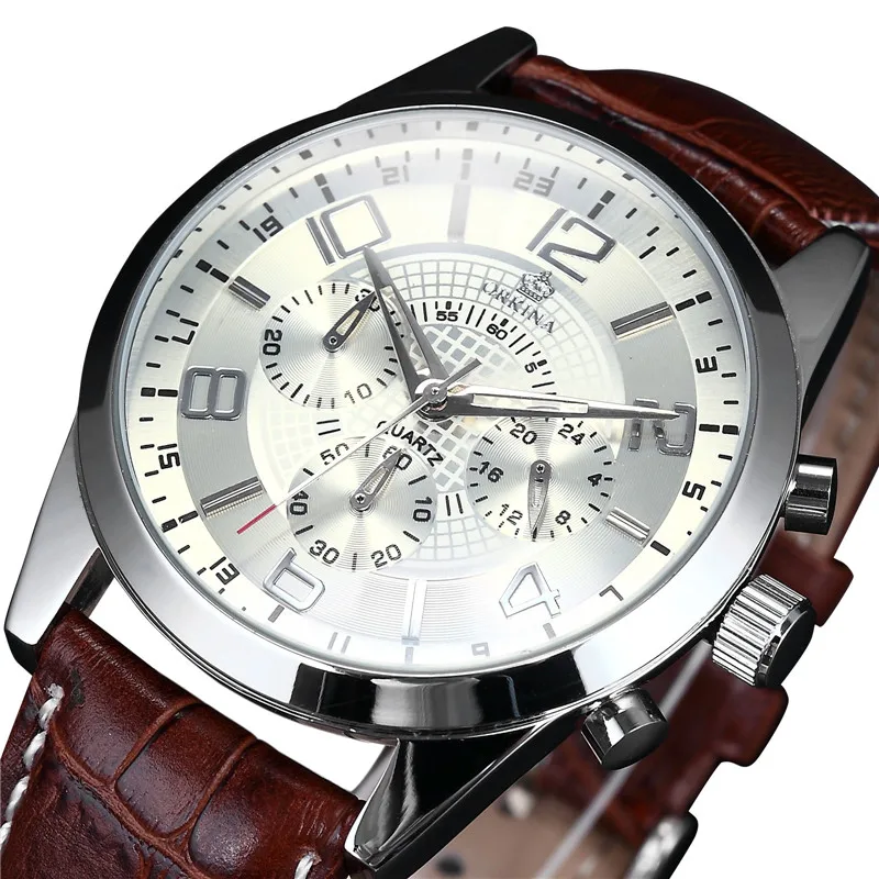 

MG. ORKINA Mens Watches Leather Strap Quartz Analog Male Clock Miyota JS20 Movt Chronograph Relogio Masculino Men Sport Watch