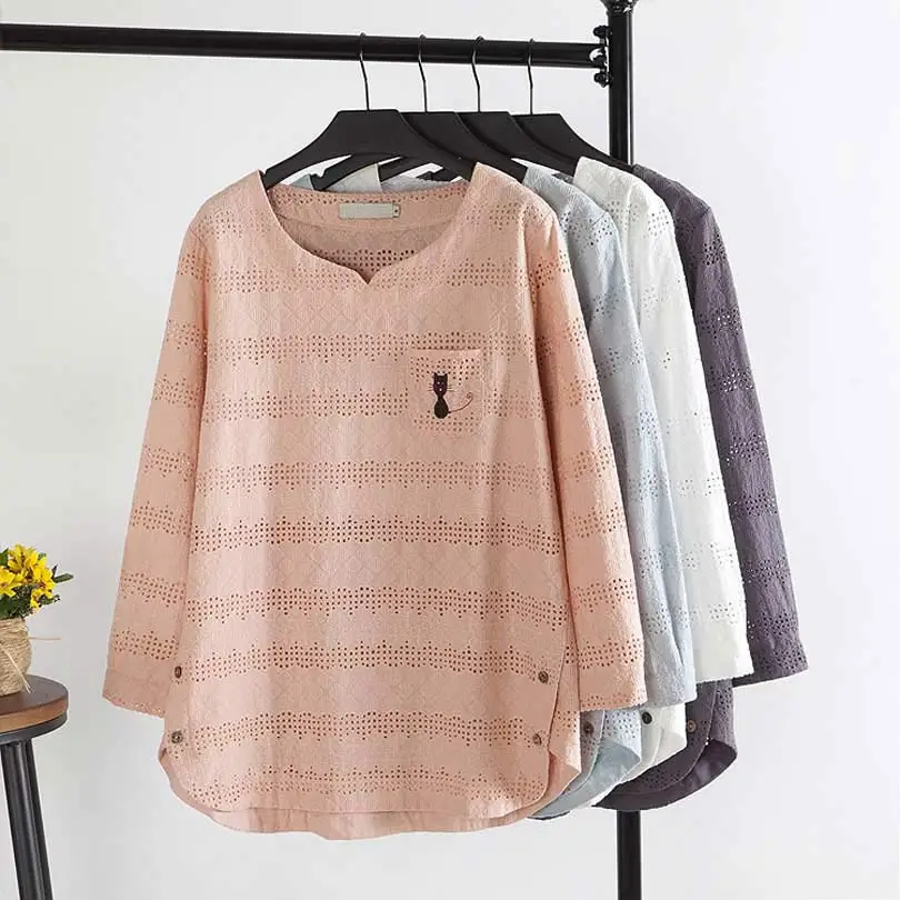 

C1 Autumn Casual Women T-shirt Plus Size 4XL Woman Clothes Long Sleeve Hollow out Cotton Tops Fashion Pocket embroidery cat Tees