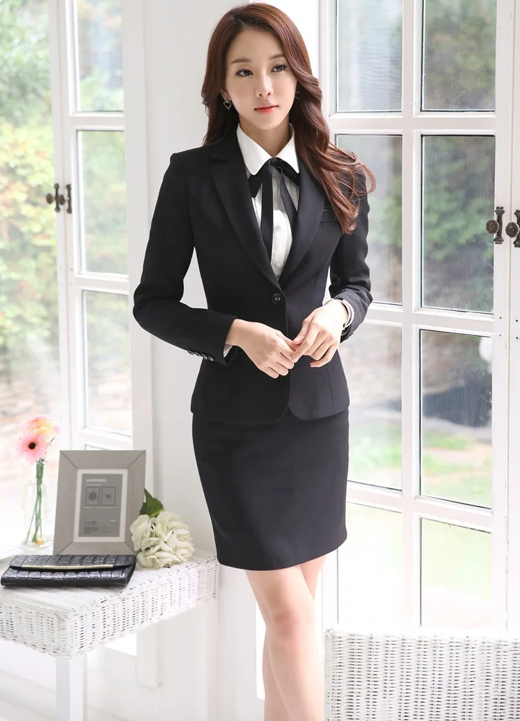 Professional Business Women Suits With Tops And Skirt Autumn Winter Slim Fashion Female Ladies Blazers Set Outfits Grey - Цвет: Black