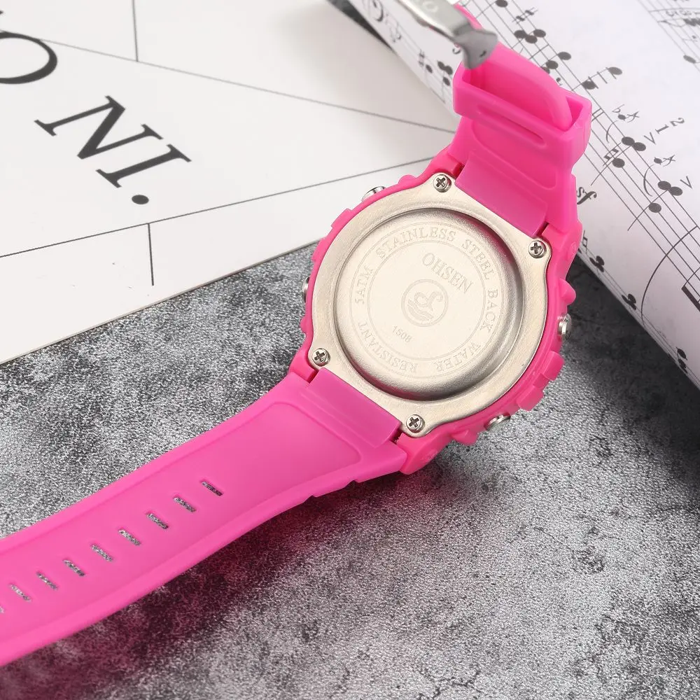 OHSEN цифровой светодиод девочки дети наручные часы резиновый ремешок будильник День Дисплей Розовый Дети Водонепроницаемые Часы Секундомер Relogio