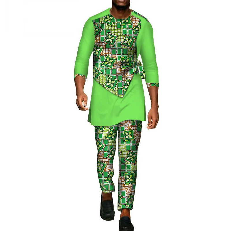 Официальная Мужская одежда для вечеринки в африканском стиле, Дашики, рубашка с длинным рукавом и штаны, набор, брюки с принтом, Лоскутная хлопковая одежда WYN94 - Цвет: 1