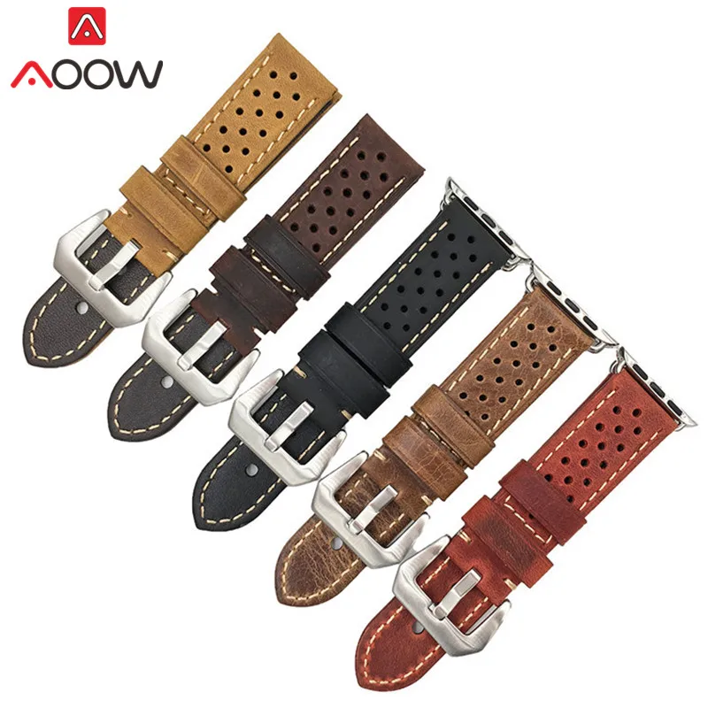 

Genuine Leather Watchband For Apple Watch 38mm 42mm Breathable Hole Design Women Men Metal Buckle Strap Band for iwatch 1 2 3