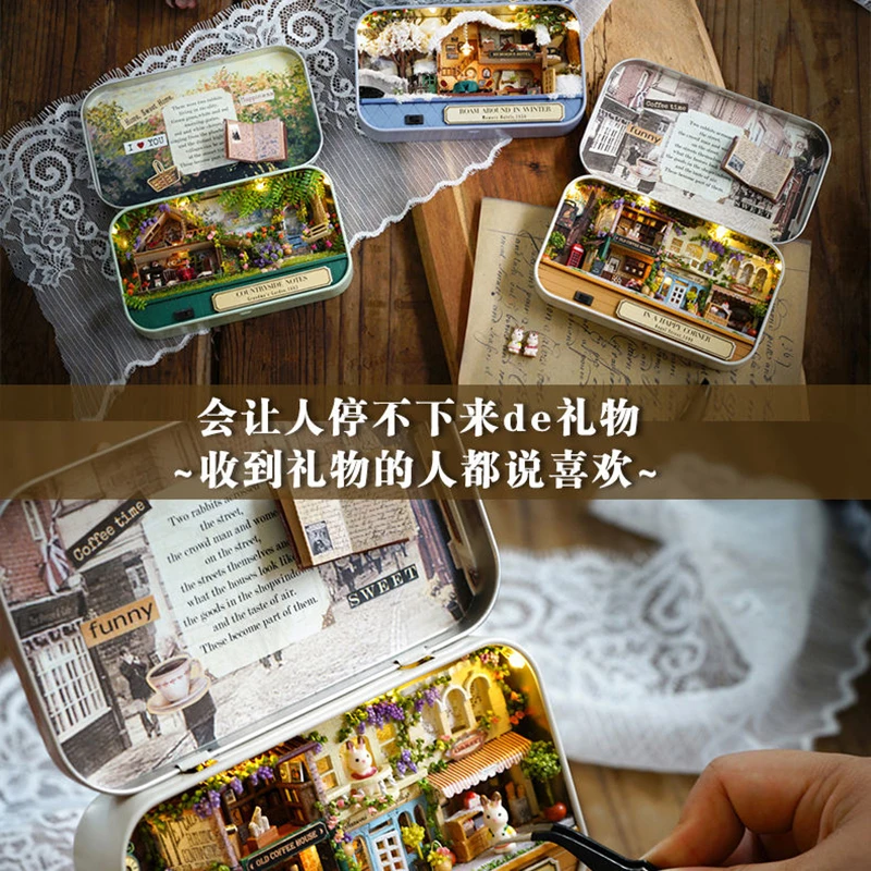DIY Doll House Furnitures Doll Houses Miniature Box Theatre Nostalgic Theme Miniature Scene Wooden Miniature Puzzle Toys