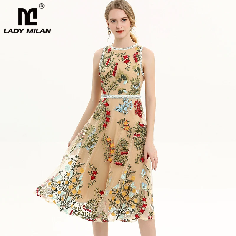 Lady Milan 2019 Women's Runway Dresses O Neck Sleeveless Embroidery