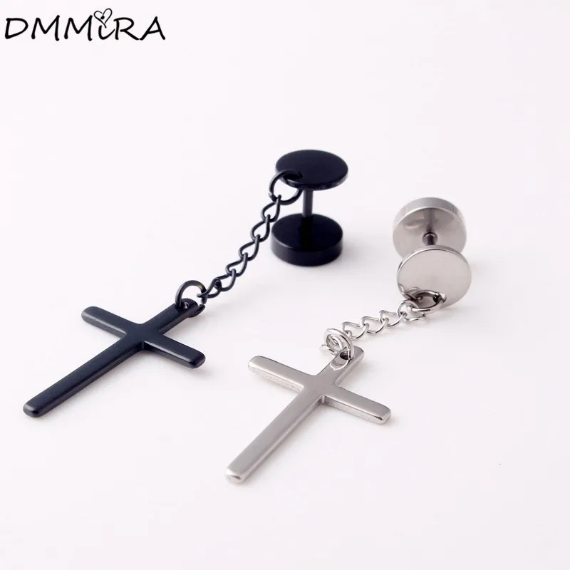 

Hot Sale Fashion Women Silver Black Cross Earrings Titanium Steel Religion Dumbbell Cross Chain Drop Earrings Brincos Jewelry