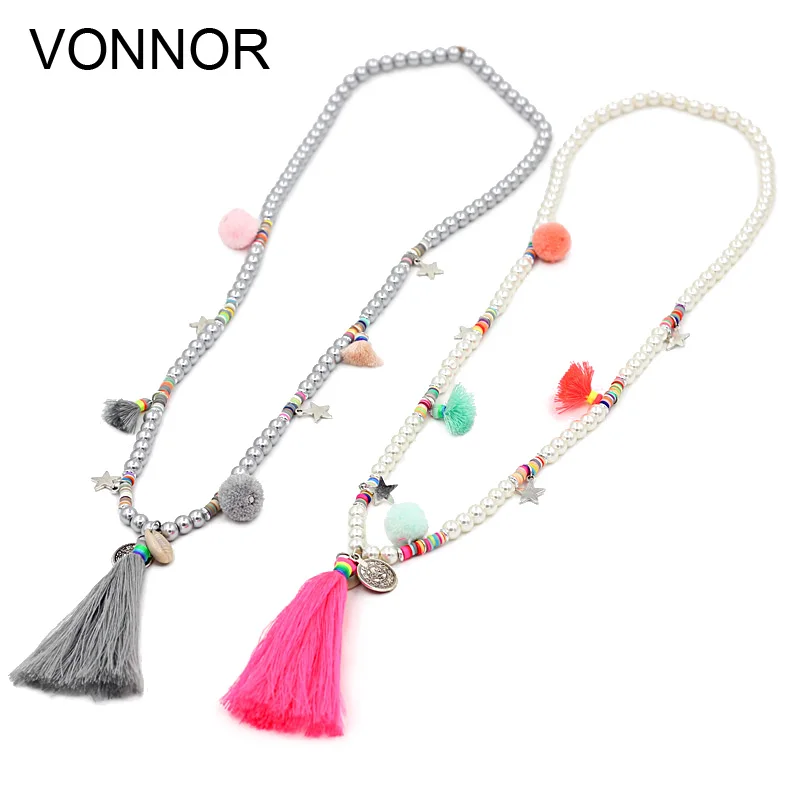 

VONNOR Jewery Women Statement Necklace Bohemian Colorful Beads Simulated Pearl Shell Tassel Pendant Long Necklace for Dress