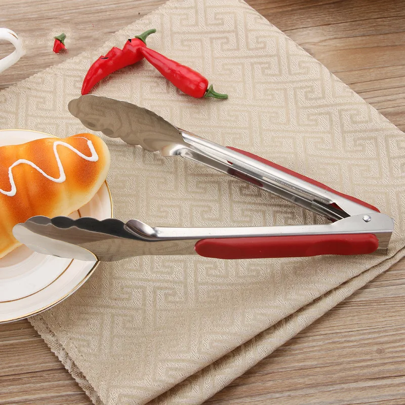 1 Pcs Stainless Steel BBQ Tongs 9/12/14 Inch Food Tongs Red Silicone