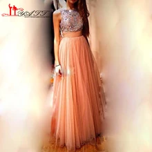 Best Selling vestido formatura Eine Linie Tulle Formales Langes Partei Bateau Kristall Perlen Abend Prom Kleider 2017