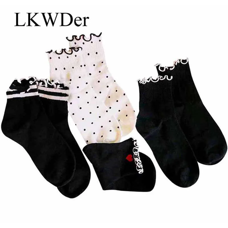 

LKWDer 3pairs New Design Ruffles Lace Womens Socks Sweet Princess Girl Short Cotton Socks Trendy Dots Red Heart Stripe Art Socks