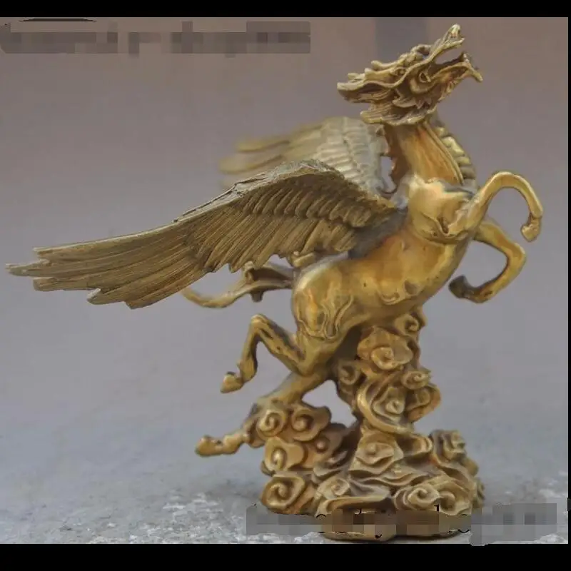 

shun788+++8" Chinese Brass FengShui Running Successful Fly Dragon Head Horses Statue