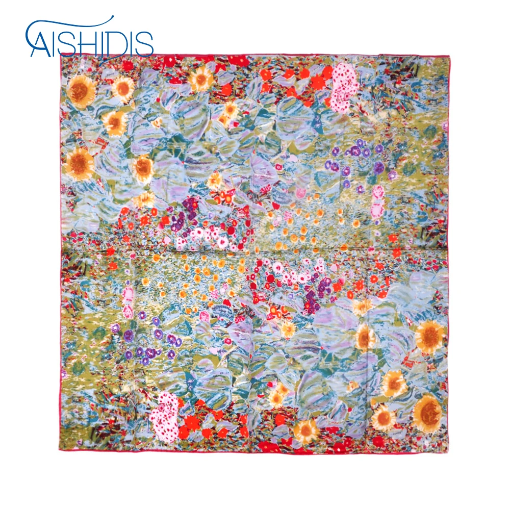 

Aishidis Square Silk Scarf Women Big Size Fashion Brand Satin Scarves Shawl High Quality Oil Painting Sunflower Design