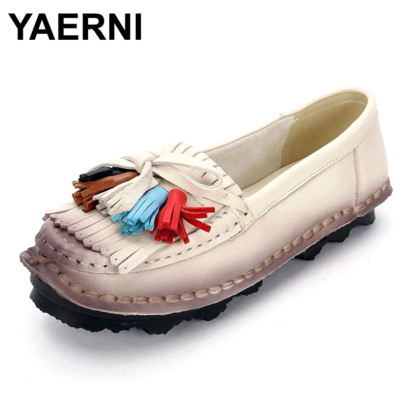 

YAERNI Women Shoes 2017 Fashion Genuine Leather Flat Shoes Woman Fringe casual shoes soft outsole Moccasins women flats