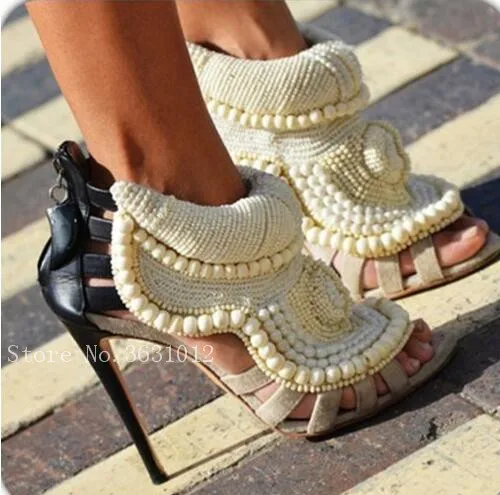 

2019 Hot String Pearl Beadings Thin High Heels Knitting & Suede Patchwork Women Sandals Boots Luxury Brand Women Ankle Boots