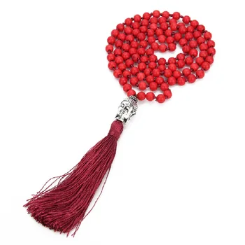 

Hand Knotted Synthetic Red 108 Beads Mala Female's Yoga Strand Necklace Silvery Buddha Head Charm Meditation Jewelry Wholesale