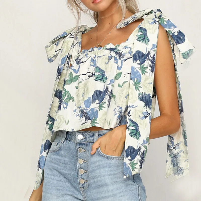 

T-Shirts Women 2019 Summer Tassel Print Tee Top Bandage Lace Up Crop Tops Ladies Sweet Elegant Holiday Ruffle Casual Loose Tee