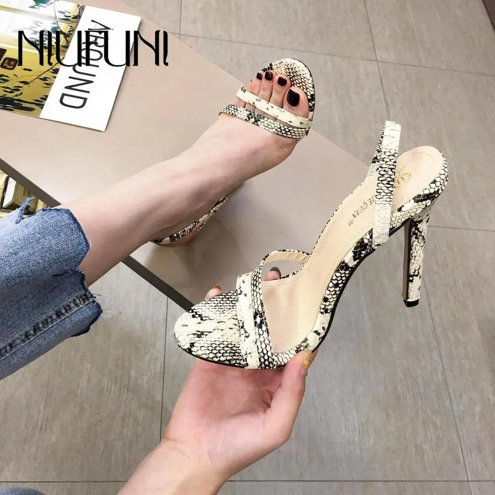 

Fashion Round Head Fluorescent Snake Pattern Women's Sandals Stiletto 2019 New High Heels Fine Belt Sexy Casual NIUFUNI Shoes
