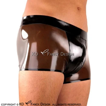 

Sexy Latex Boxer Shorts With Zipper Black Trims At Front And Stripes Top Bottoms Underwear Rubber Boy Shorts DK-0157