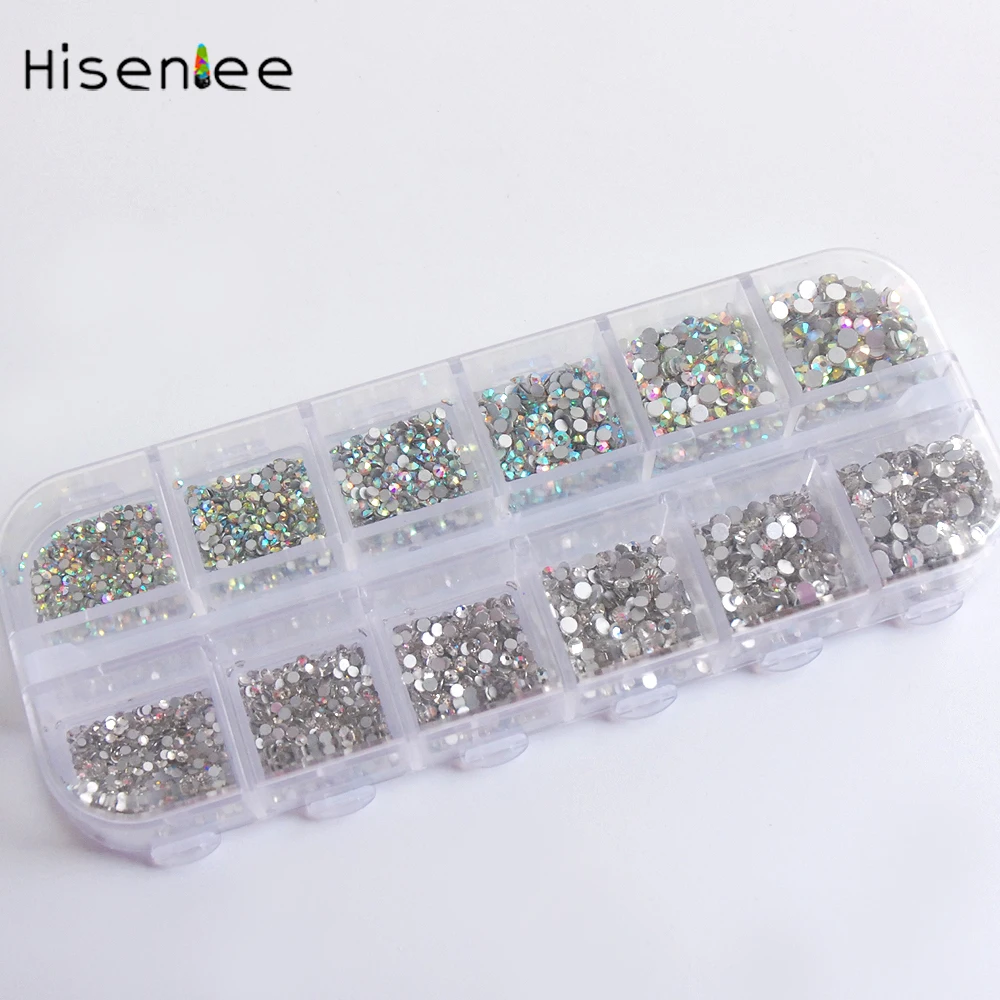 

Hisenlee 3456pcs ss3-ss10 6Sizes Clear and Crystal AB Color 3D Nail Art Glass Rhinestones Decoration Gems N10070-001
