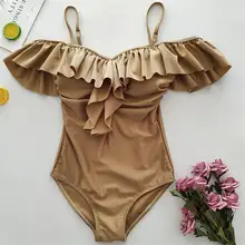 Слитный купальник с открытыми плечами, Одноцветный купальник, женская одежда для плавания с оборками, монокини, бандаж, купальный костюм с пуш-ап, плиссированная пляжная одежда