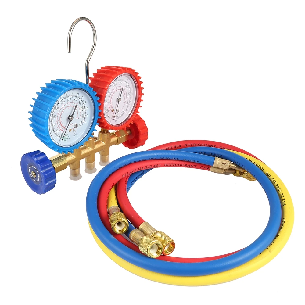 

Hot Refrigerants Manifold Gauges Tool Set Double Table Valve Three Colored-hoses Air Conditionin Car-Styling