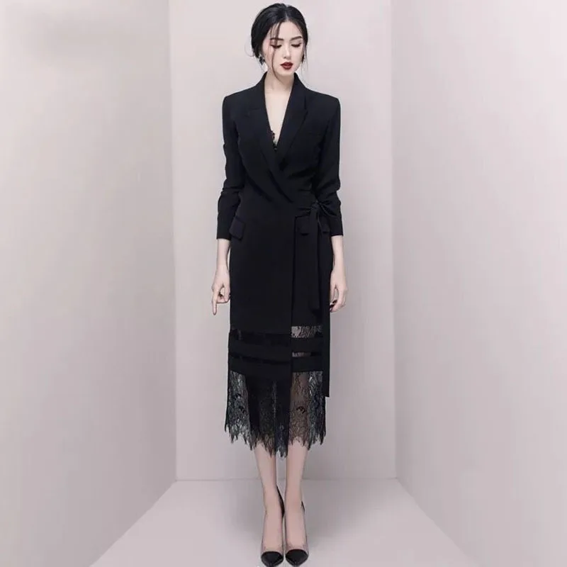 

Sexy Party Long Lace Straight Dress Black Notched Long Sleeve Womens Dress Elegant Vintage Office Ladies Spring Suit Dresses