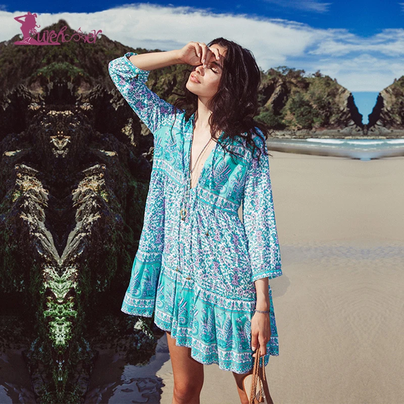 

Lurehooker Sexy Sleeve Printing Beach Dress V-neck Loose Cover Up Ruffled Beach Dresses Swimming Suit Cover Sarongs Beachwear