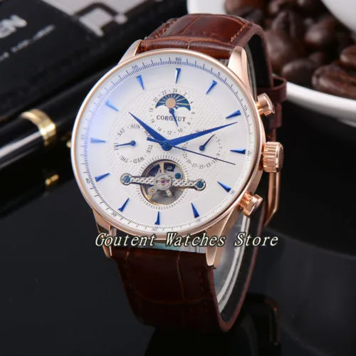 

44mm Corgeut Moon Phase Rose Gold White Dial Date&Day Automatic Men's Watch