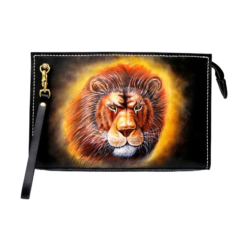 

Handmade Women Men Vegetable Tanned Leather Bag Wild Style Lion King Money Holder Clutch Purse Clutches Cow Lerther Envelope