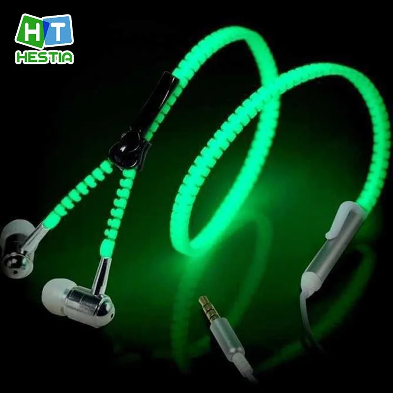 

HESTIA Glowing Zipper Headset Glow In The Dark Metal Earphones Earbuds With Mic Luminous Light Stereo Handsfree earpiece