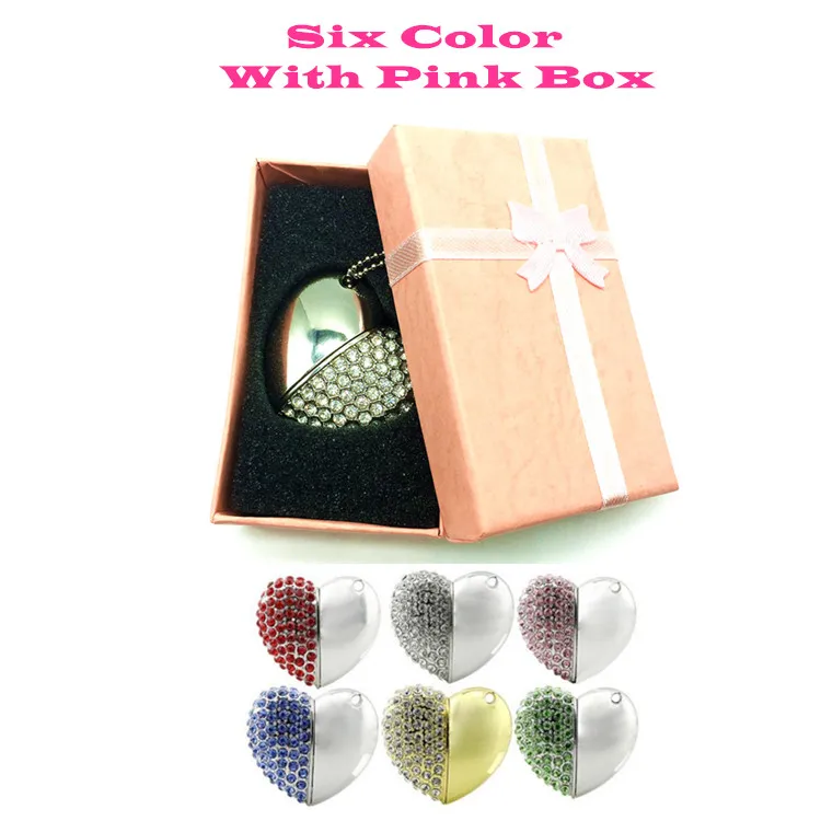 

2017 Beautiful 6 Colors Metal heart pendrive 4GB 8GB 16GB 32GB 64GB Diamond Heart USB 2.0 Flash Drive Memory Stick + Pink Box