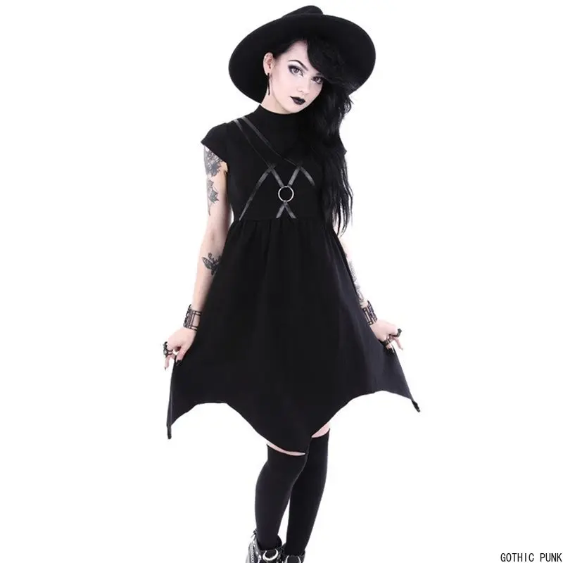 

Goth Punk Summer Dress Women Black Sexy Vintage Elegant High Waist Asymmetric Gothic Streetwear Casual Dresses