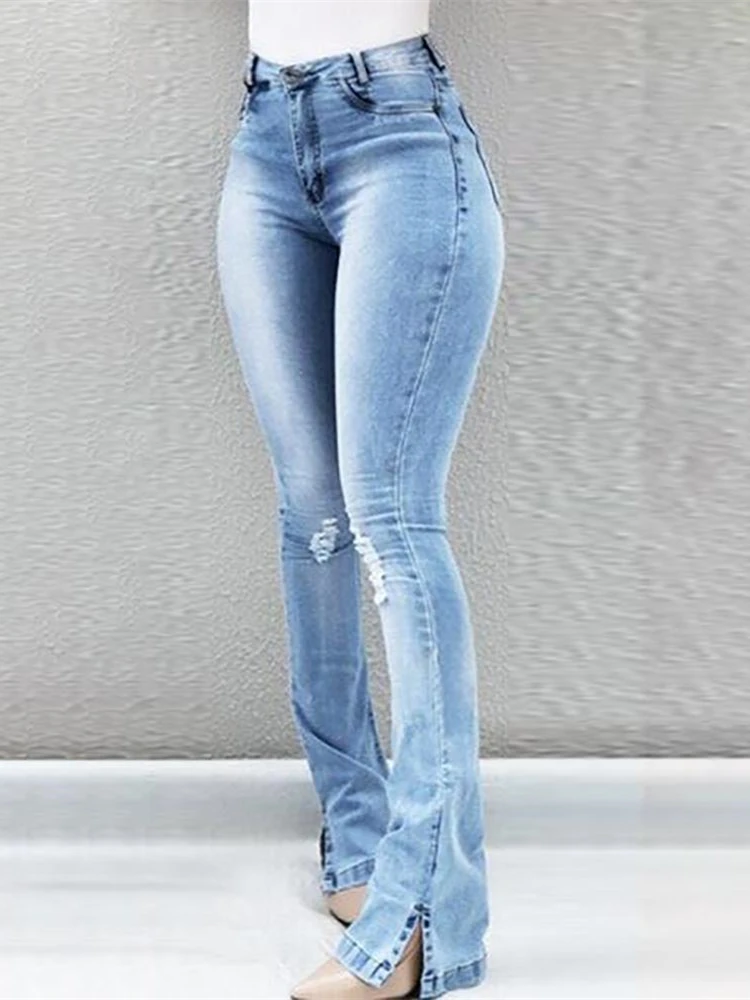 Женские джинсы с высокой талией, обтягивающие рваные ботинки, джинсовые штаны с вырезами, сексуальные расклешенные брюки с эффектом пуш-ап, эластичные синие джинсы с колокольчиком, женские