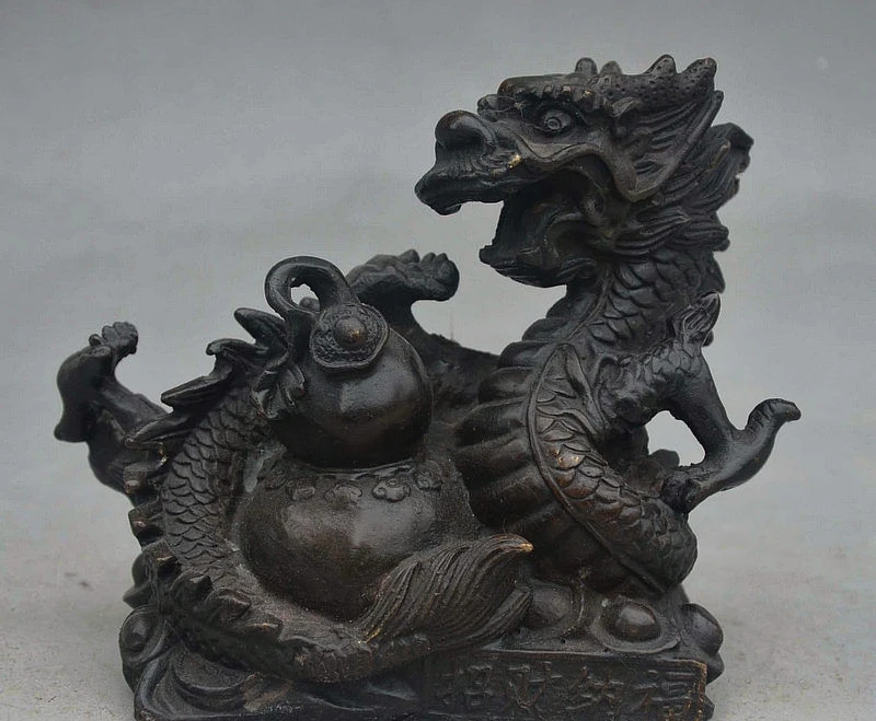 

5" China Folk FengShui Bronze Myth Animal Dragon Gourd On Money YuanBao Statue