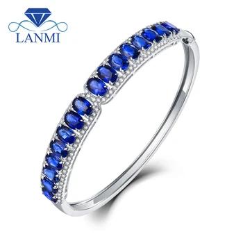 

LANMI Real 18Kt Au750 White Gold Natural Blue Sapphire Bangle Good Quality Gemstone Bling Diamond Jewelry for Women Wedding