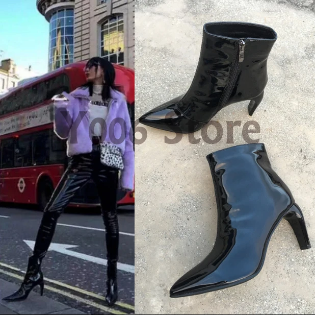 

2019 Spring/Autumn Ankle Boots Women Pointed zipper patent leather sexy Booties High Heel Martin Botas Mujer Heels Ladies Shoes