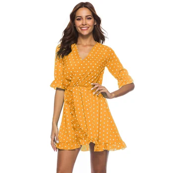 

Ravna Tira 2018 Women Dress Ruffles Print Polka Dot Sexy Bodycon Beach Female Half sleeve Summer Party Mini Dresses vestidos