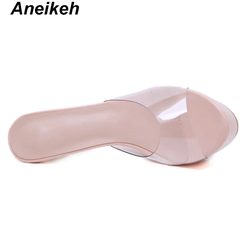 Aneikeh/ г. Новые летние модные женские шлепанцы из ПВХ обувь на платформе с круглым носком шлепанцы на тонком каблуке, черный, абрикосовый цвет, размеры 34-40