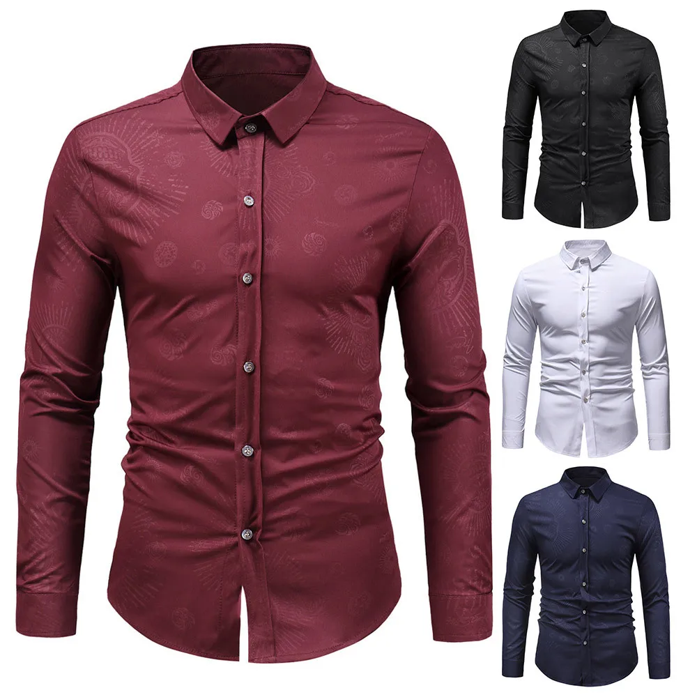 Men's Autumn Winter Fashion Skulls Floral Print Long Sleeve Shirt Top Blouse