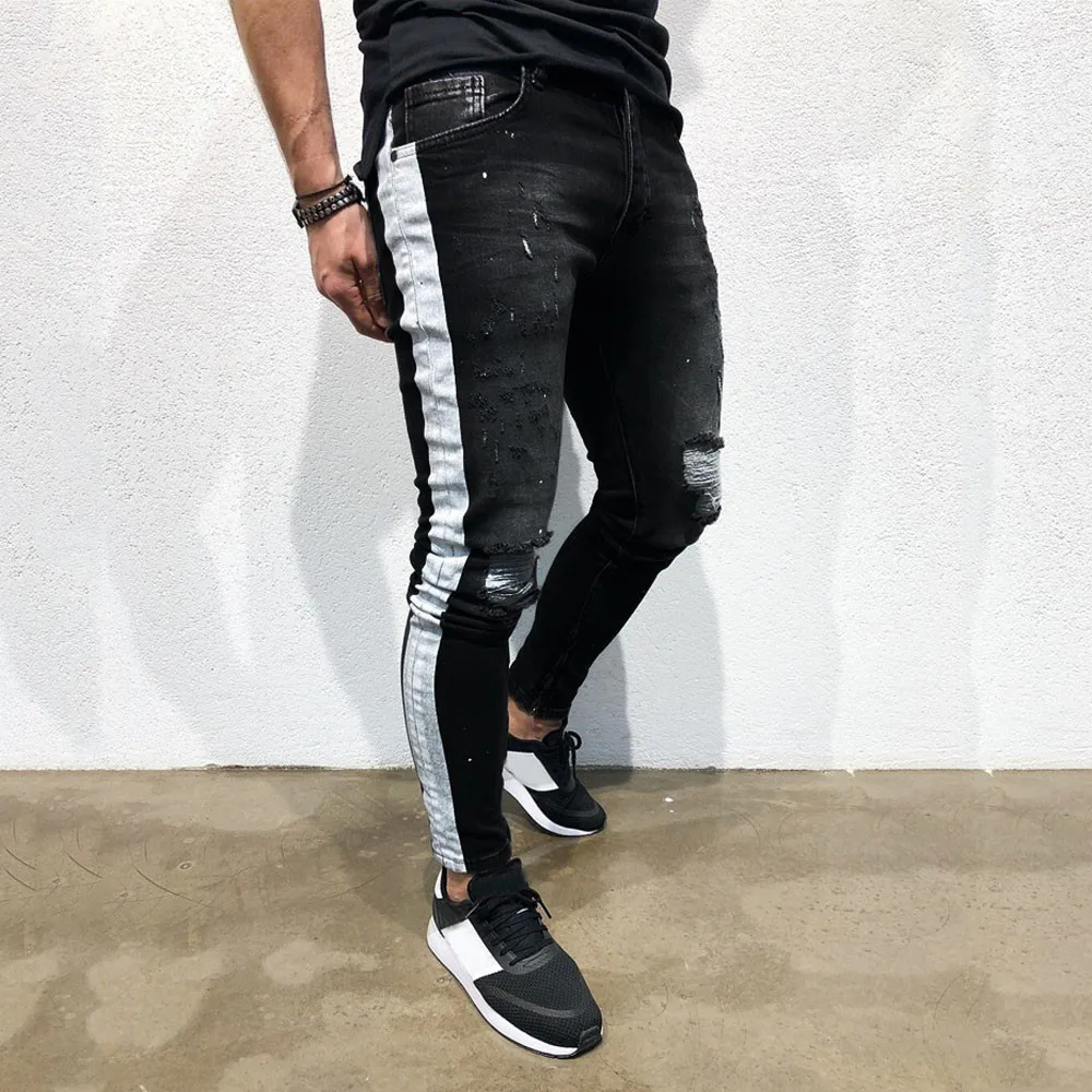 Мужские джинсовые ткани Пант Проблемные Ripped Freyed Slim Fit джинсы с принтом брюки#4O12# F